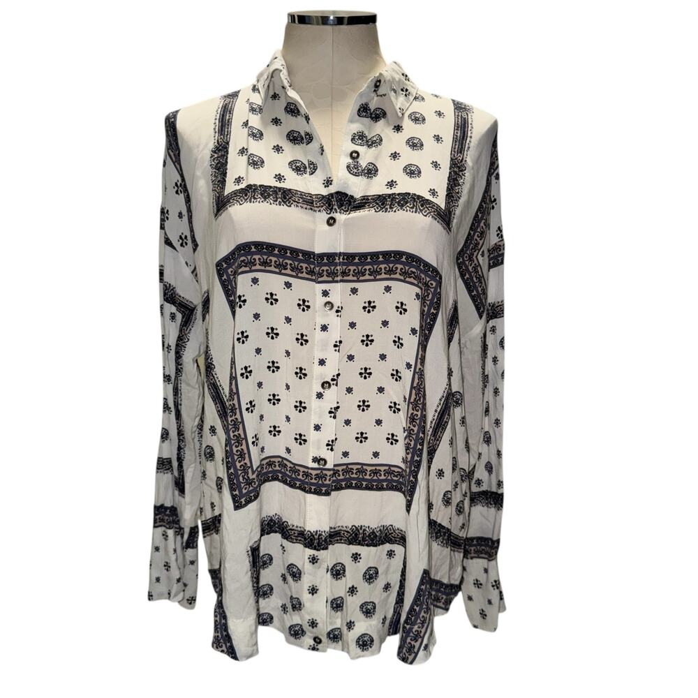 Free People Little Secret Blouse White Printed Button Front Long Sleeve XS